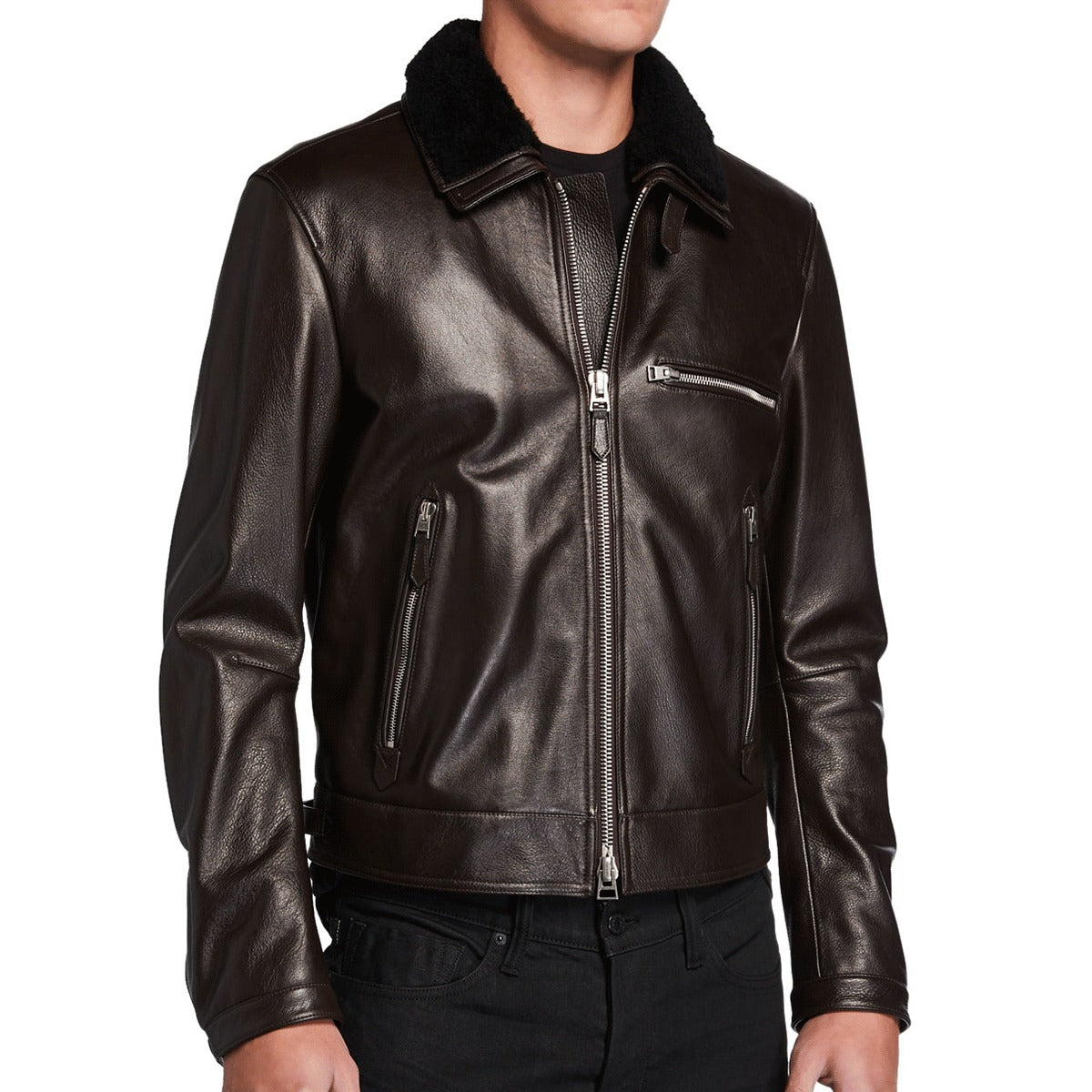 Men's Leather Jacket with Fur Collar - Brown Leather Jacket