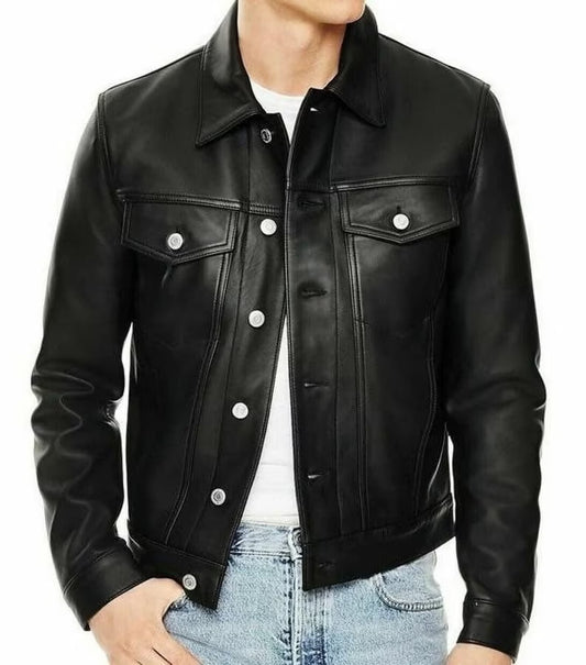 Men's Leather Trucker Jacket Button Shirt - Black Trucker Jacket