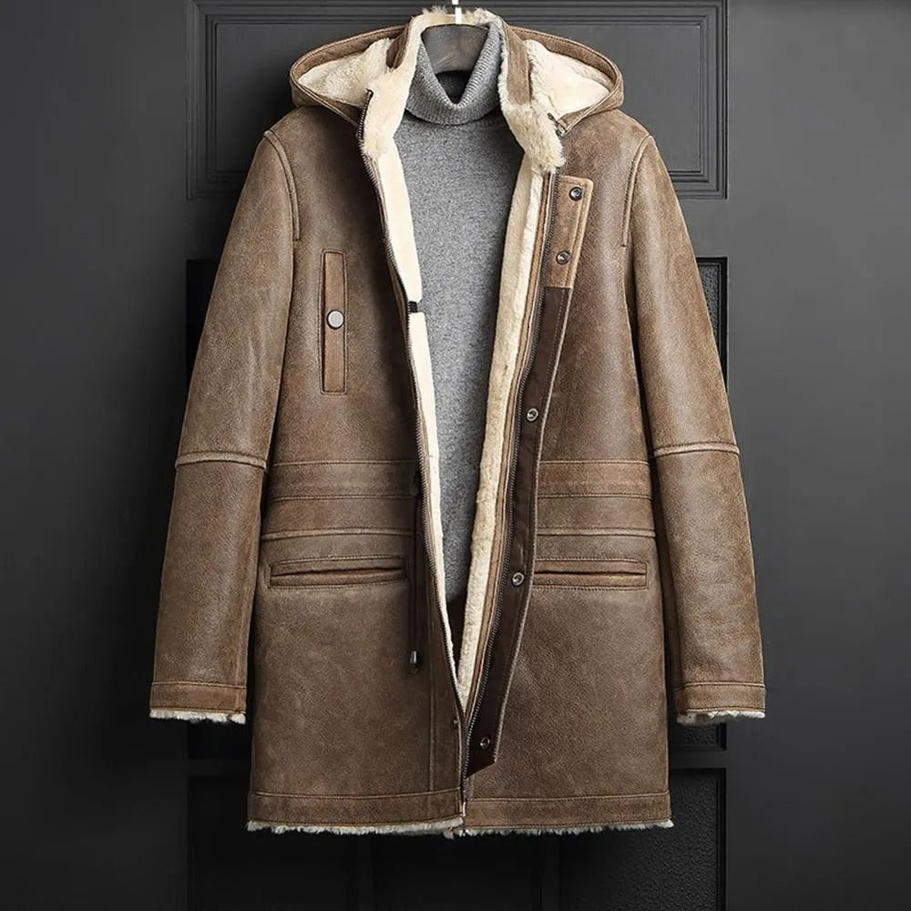 Men's Long Shearling Winter Coat - Sheepskin Long Coat