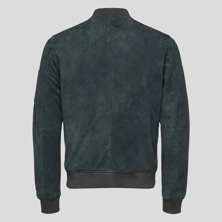 Men's Dark Green Suede Bomber Leather Jacket - Lucy Style