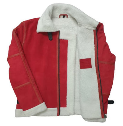 Men's Red Suede Shearling Winter Jacket - Perfect for Christmas