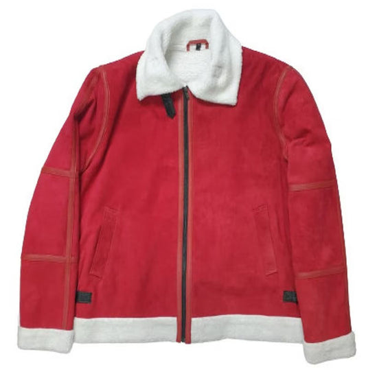 Men's Red Suede Shearling Winter Jacket - Perfect for Christmas