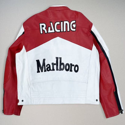 Men's Red & White Marlboro Leather Motorcycle Racing Jacket