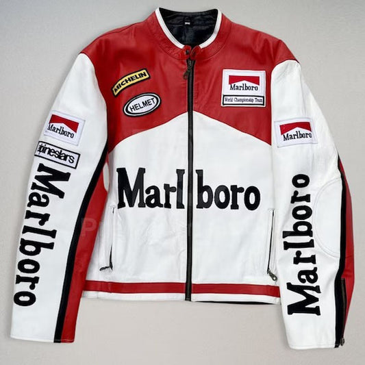 Men's Red & White Marlboro Leather Motorcycle Racing Jacket