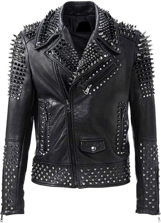 Men's Silver Studded Spikes Biker Jacket - Spiked Jacket