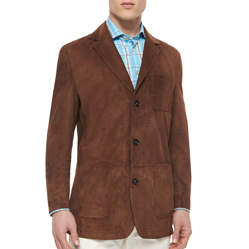 Men's Three-Button Suede Leather Blazer - Real Leather Coat