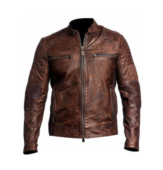 Men's Vintage Distressed Brown Cafe Racer Leather Jacket