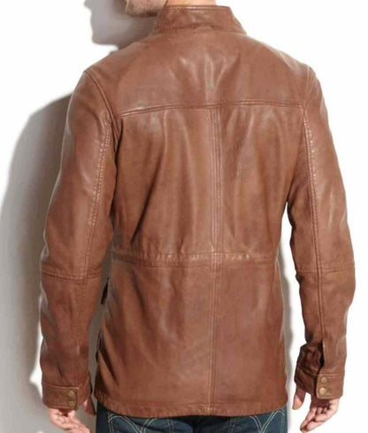 Men's Brown Leather Biker Motorcycle Jacket with Cargo Pockets