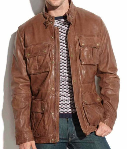 Men's Brown Leather Biker Motorcycle Jacket with Cargo Pockets