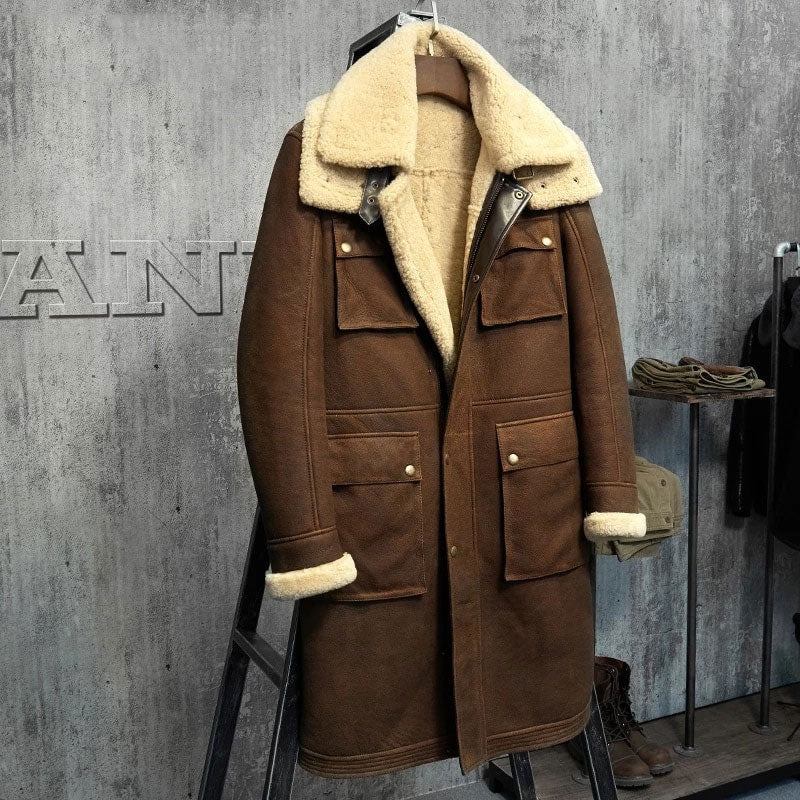 Men's X-Long Military Style Sheepskin Shearling Coat