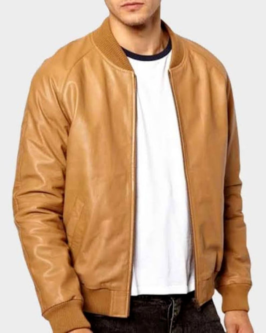 Men's Yellow Tan Sheepskin Bomber Leather Jacket