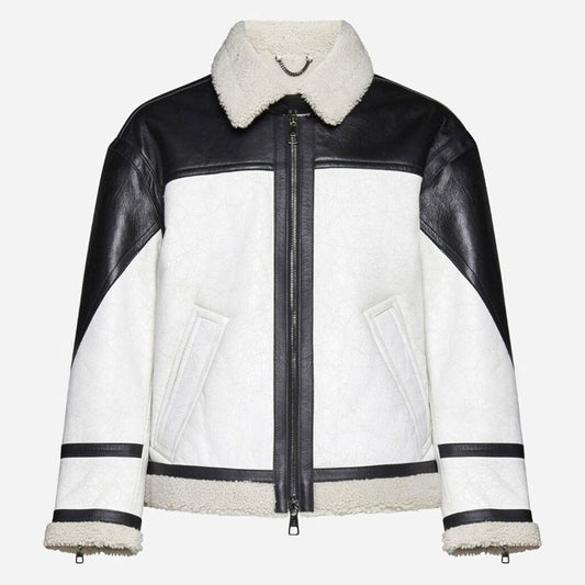 Men's Black And White B6 Flying Aviator Bomber Shearling Jacket