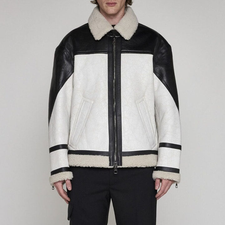 Men's Black And White B6 Flying Aviator Bomber Shearling Jacket