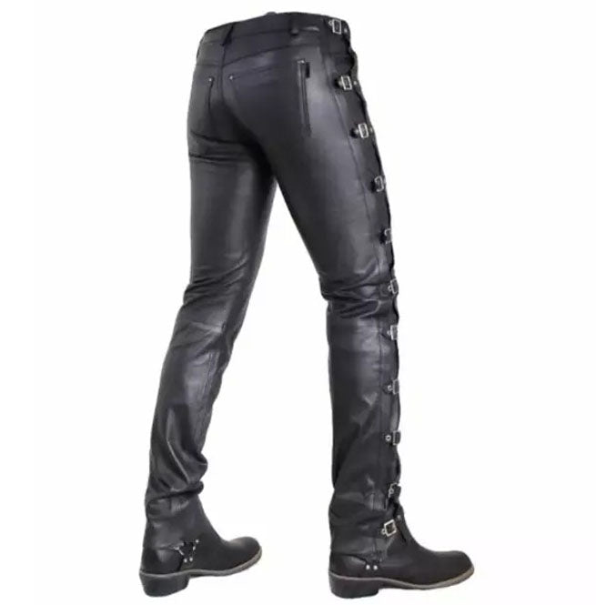 Men's Black Buckle Genuine Leather Pant