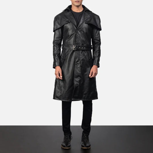 Black Lambskin Leather Belted Duster Coat