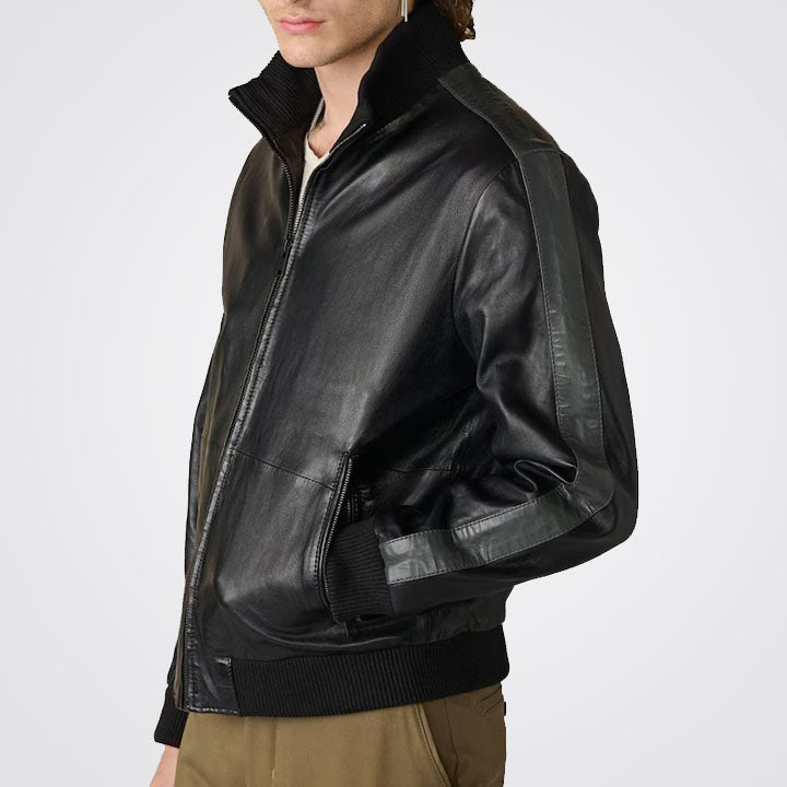 Men's Black Leather Bomber Jacket with High Neck Collar