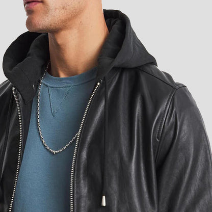 Black Leather Hooded Bomber Jacket for Men