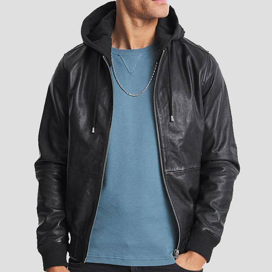 Black Leather Hooded Bomber Jacket for Men