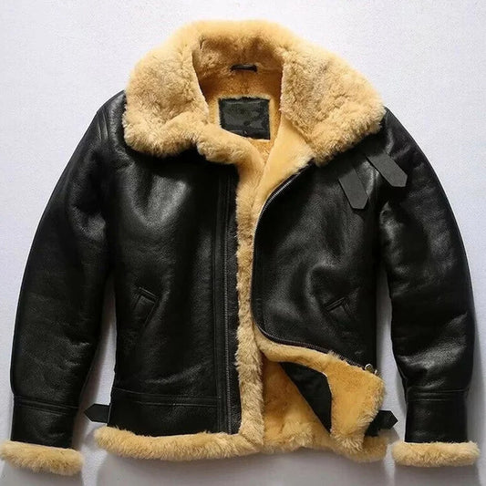 Men's Black Leather Shearling Aviator Jacket - Aviator Jacket