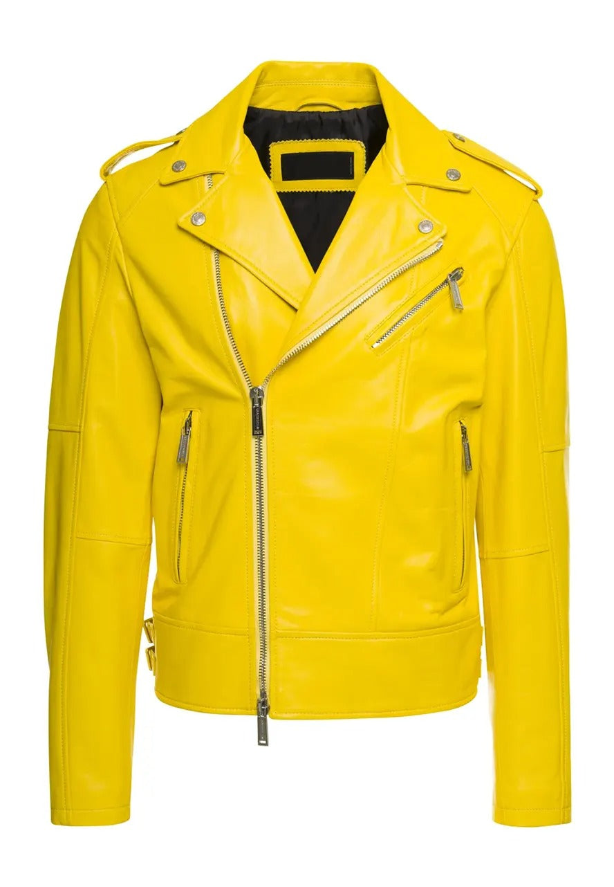 Men's Bright Yellow Leather Biker Jacket