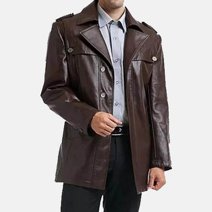 Mens Brown Single Breasted Motorcycle Leather Coat