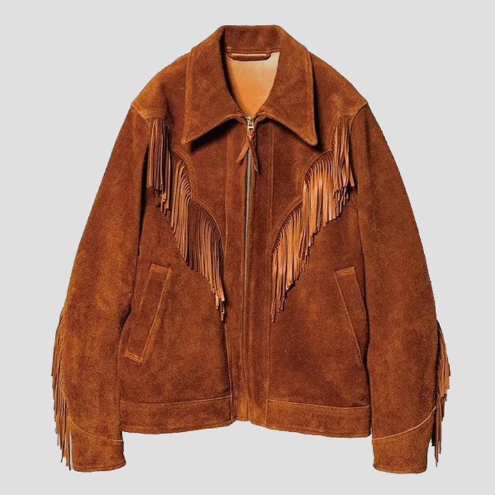 Men's Brown Suede Leather Western Cowboy Fringe Jacket