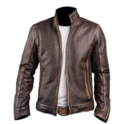 Men's Distressed Brown Genuine Leather Cafe Racer Motorcycle Jacket