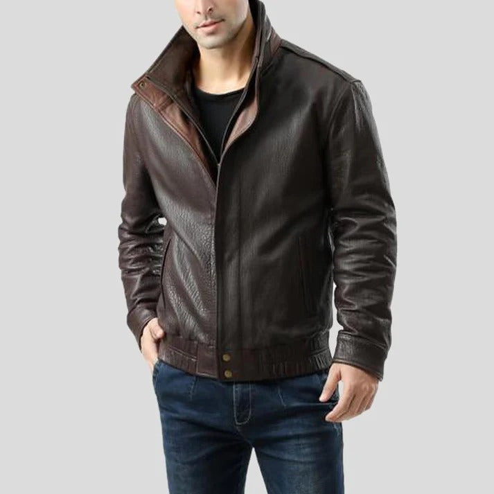 Men's Check Brown Bomber Leather Jacket