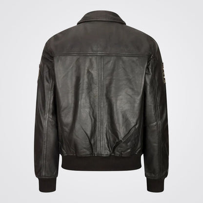 Men's Classic Black Real Leather Bomber Jacket with Aviator Pilot Badge