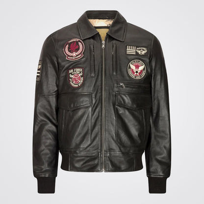 Men's Classic Black Real Leather Bomber Jacket with Aviator Pilot Badge