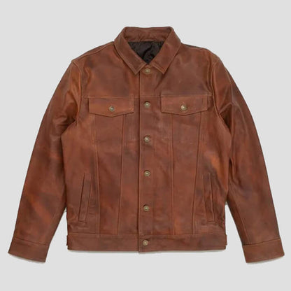 Men's Goatskin Plain Brown Trucker Leather Jacket