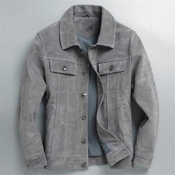 Men's Gray Pure Suede Leather Trucker Jacket