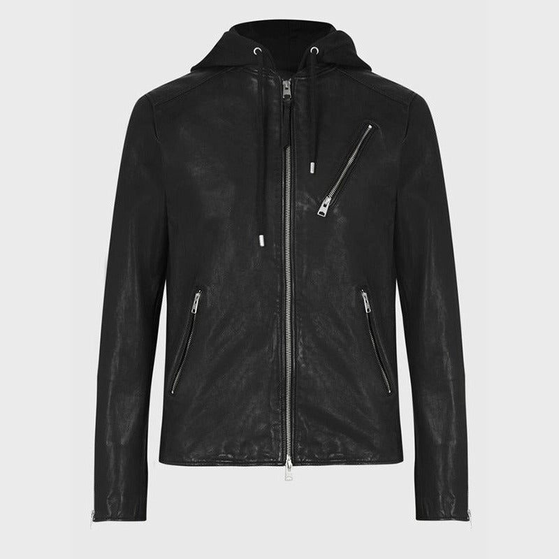 Mens Hooded Leather Jacket in Black