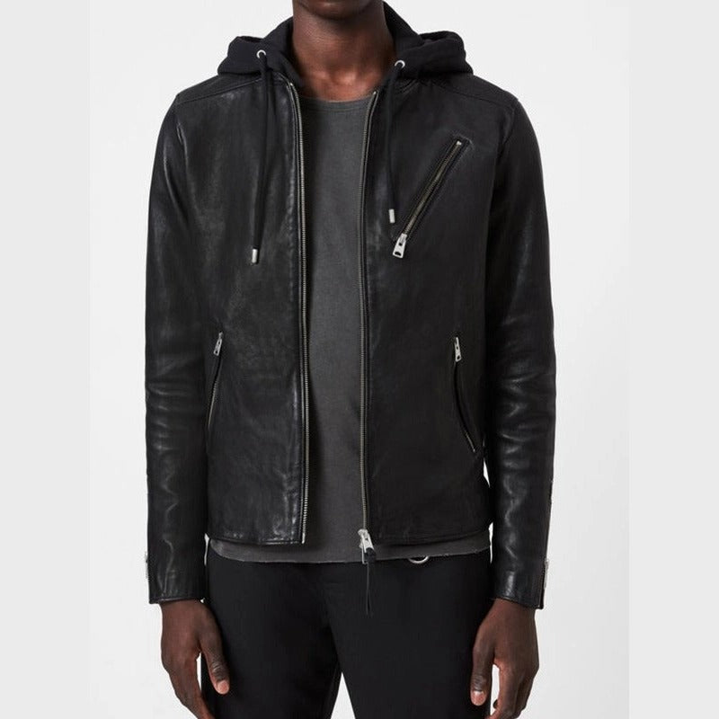 Mens Hooded Leather Jacket in Black