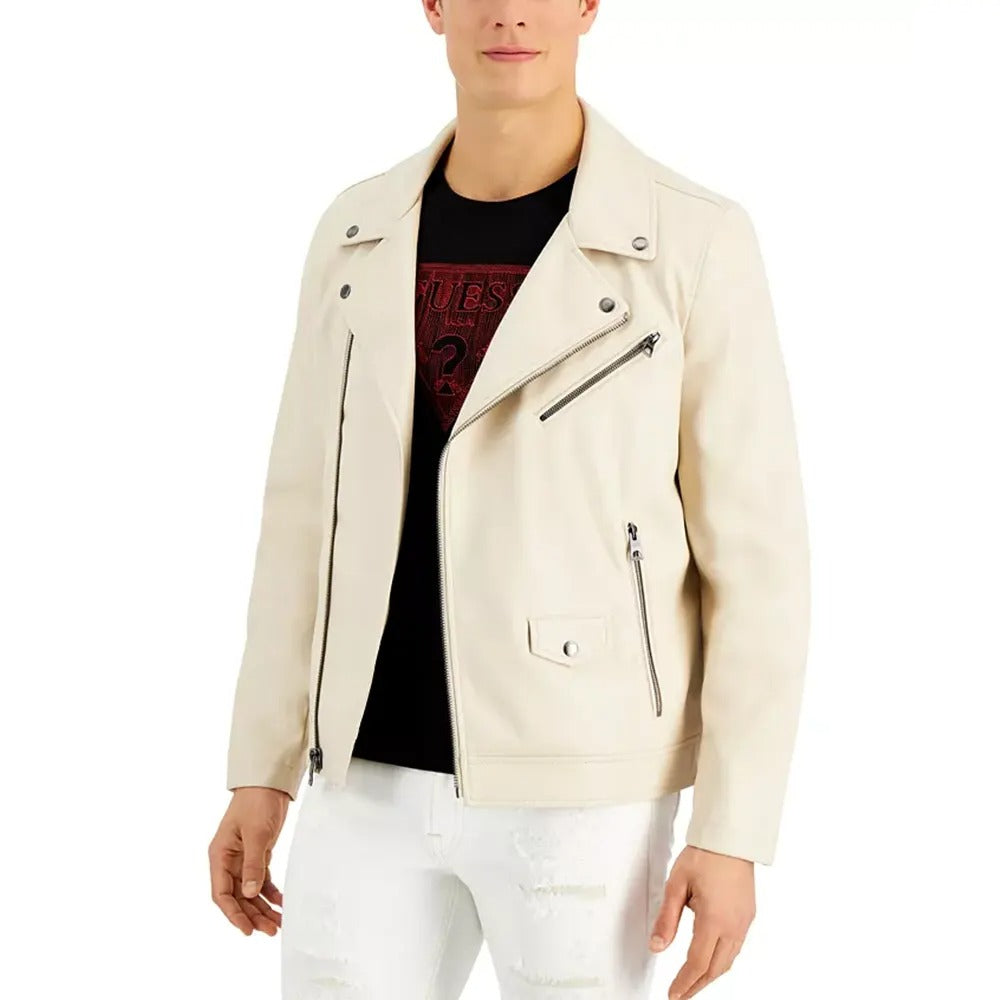 Men's Lapel Collar Beige Leather Motorcycle Jacket