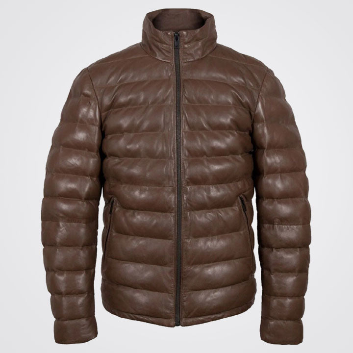 Men's Brown Genuine Lambskin Leather Puffer Jacket