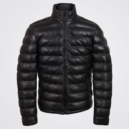 Men's Black Genuine Lambskin Leather Puffer Jacket