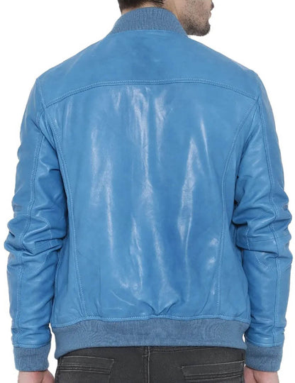 Men’s Light Blue Leather Bomber Jacket