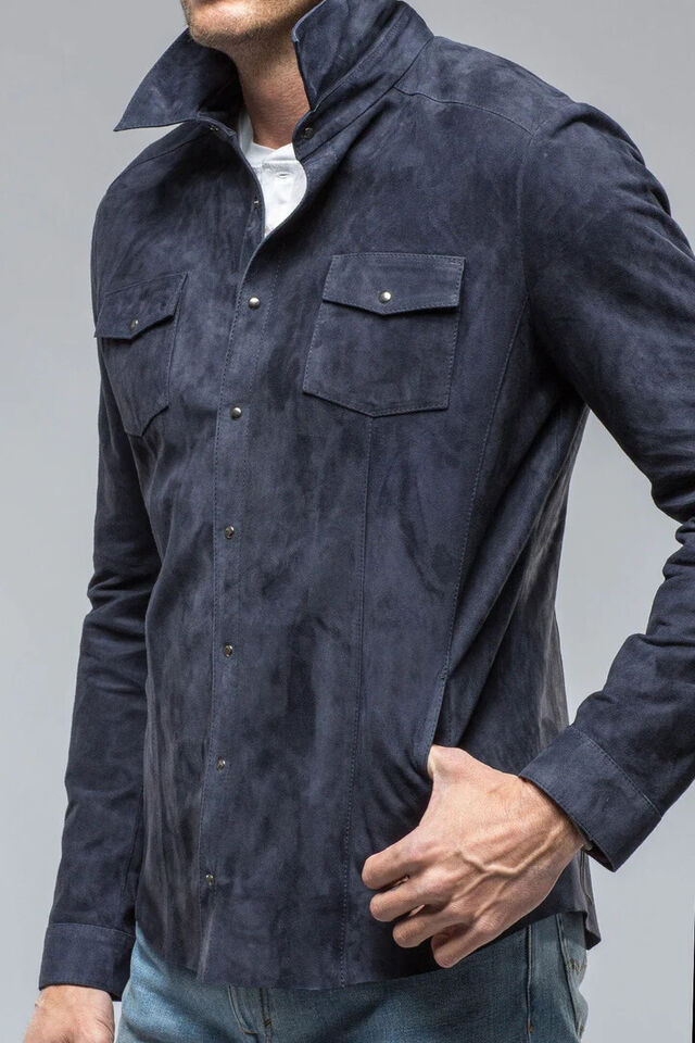 Men's Navy Blue Suede Leather Shirt Jacket