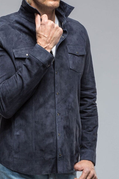 Men's Navy Blue Suede Leather Shirt Jacket