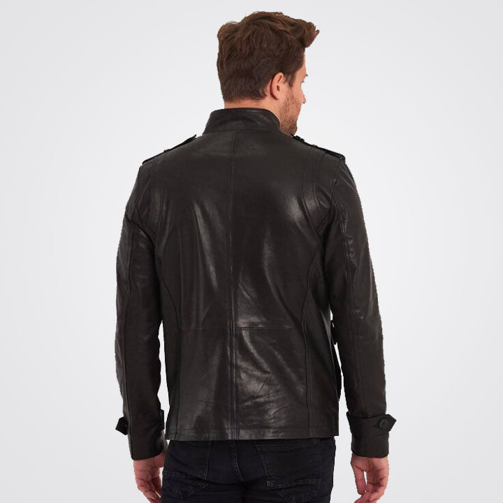 Men's Black Parka Four Pocket High Neck Genuine Leather Jacket