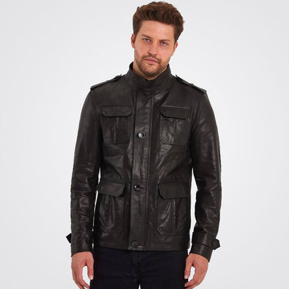 Men's Black Parka Four Pocket High Neck Genuine Leather Jacket