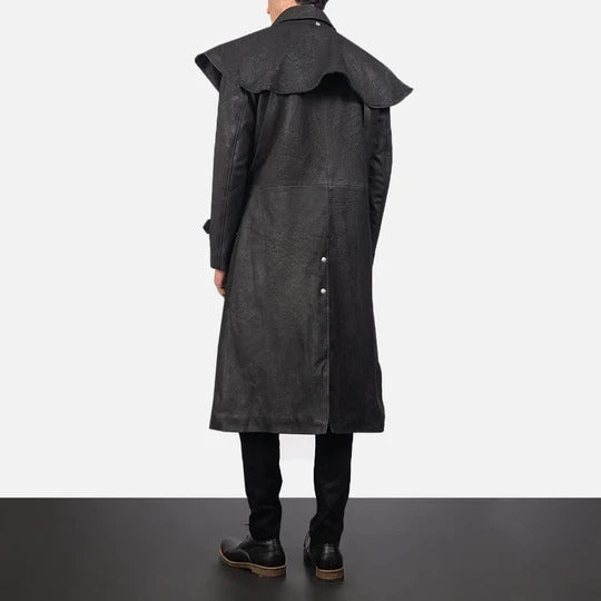 Mens Premium Sheepskin Leather Studded Black Duster Coat