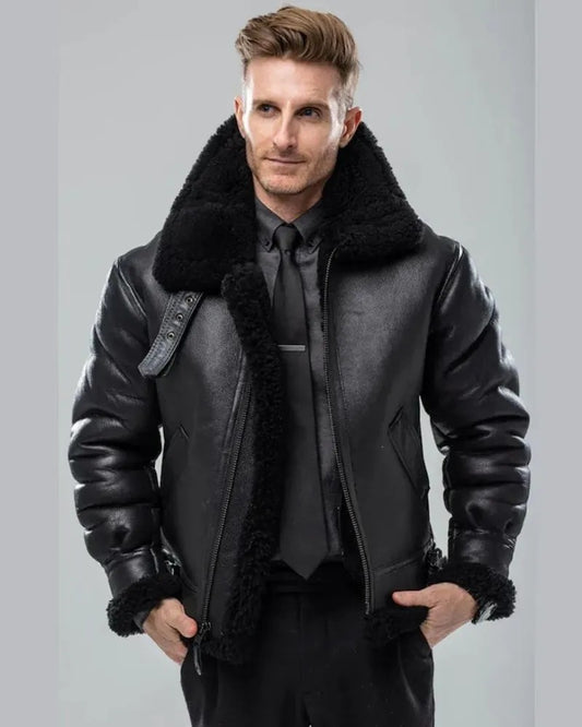 Men's Black Sheepskin Bomber Jacket