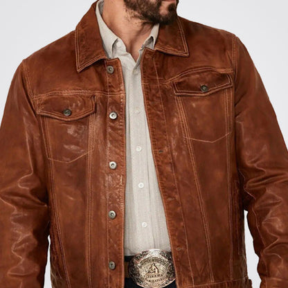 Men's Tan Button-Front Trucker Sheepskin Leather Jacket