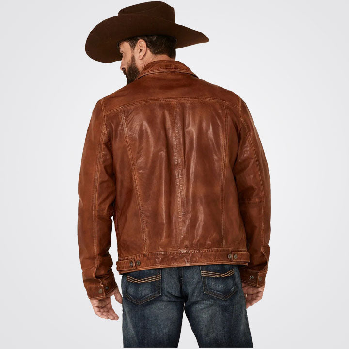 Men's Tan Button-Front Trucker Sheepskin Leather Jacket