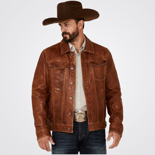 Men's Tan Button-Front Trucker Sheepskin Leather Jacket