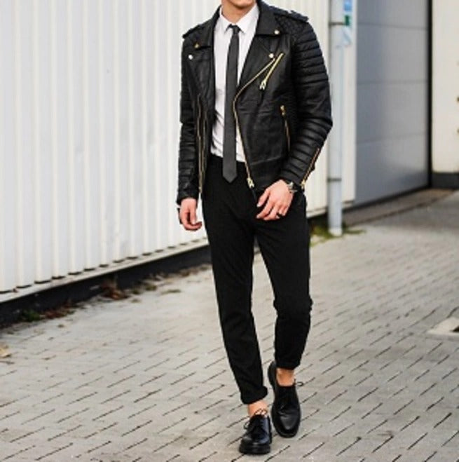 New Men Fashion Trend Black Motorcycle Leather Jacket