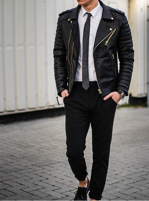 New Men Fashion Trend Black Motorcycle Leather Jacket