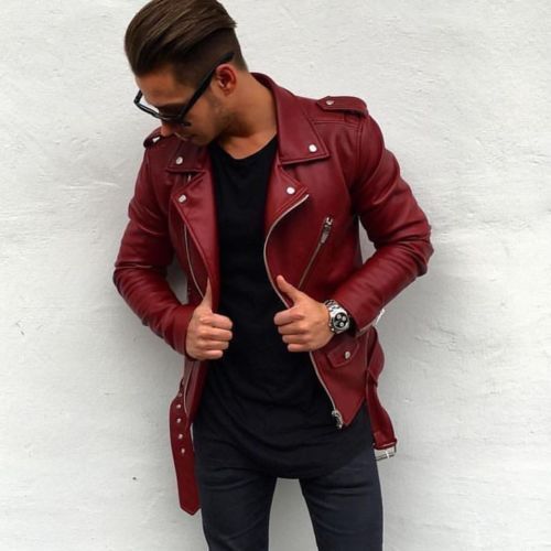 New Men Genuine Lambskin Leather Biker Jacket in Maroon